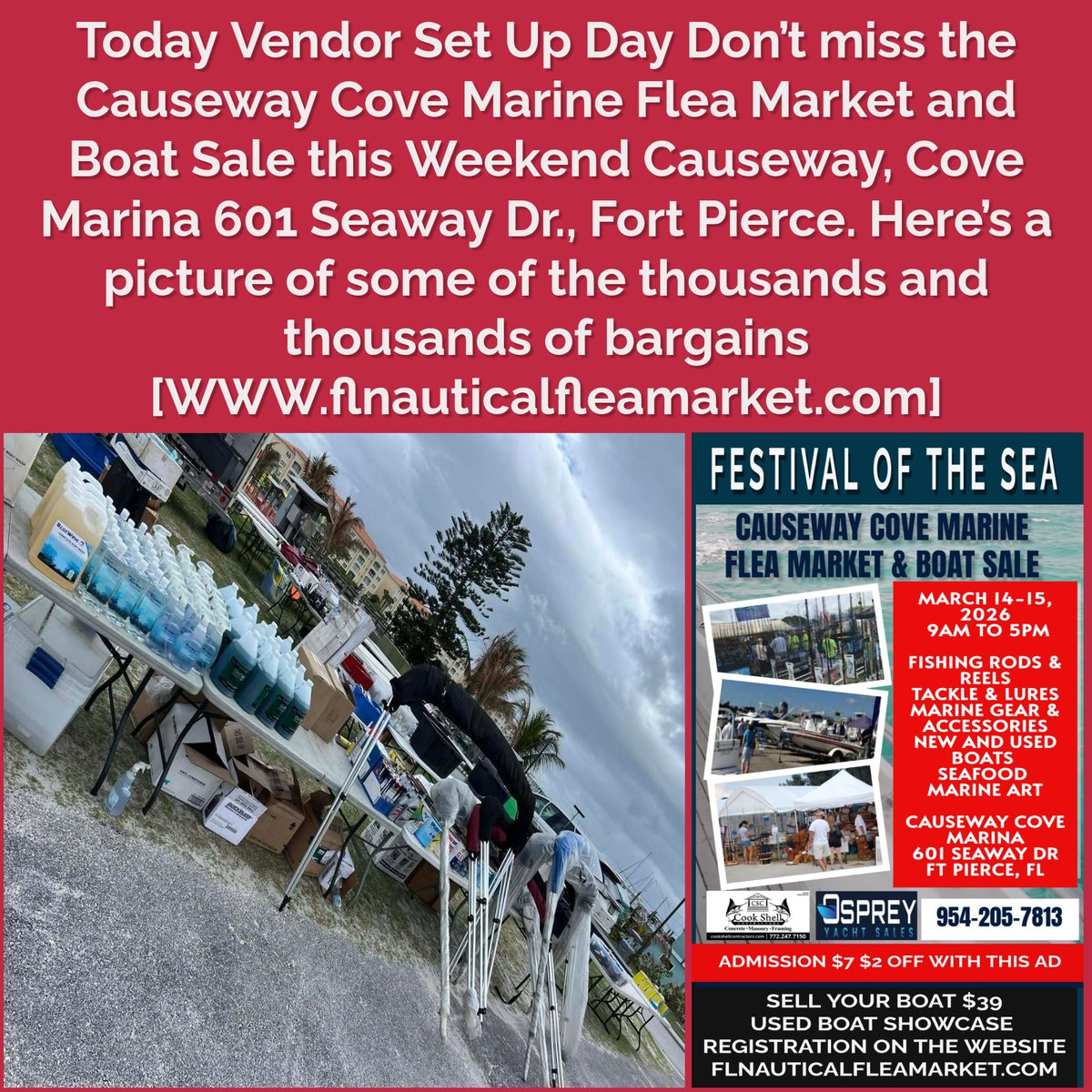 MarineFleaMkt's tweet image. Don't miss the Causeway Cove Marine Flea Market and Boat Sale this weekend at 601 Seaway Dr., Fort Pierce. Thousands of bargains await! Visit flnauticalfleamarket.com #MarineMarket #BoatSale #FortPierce