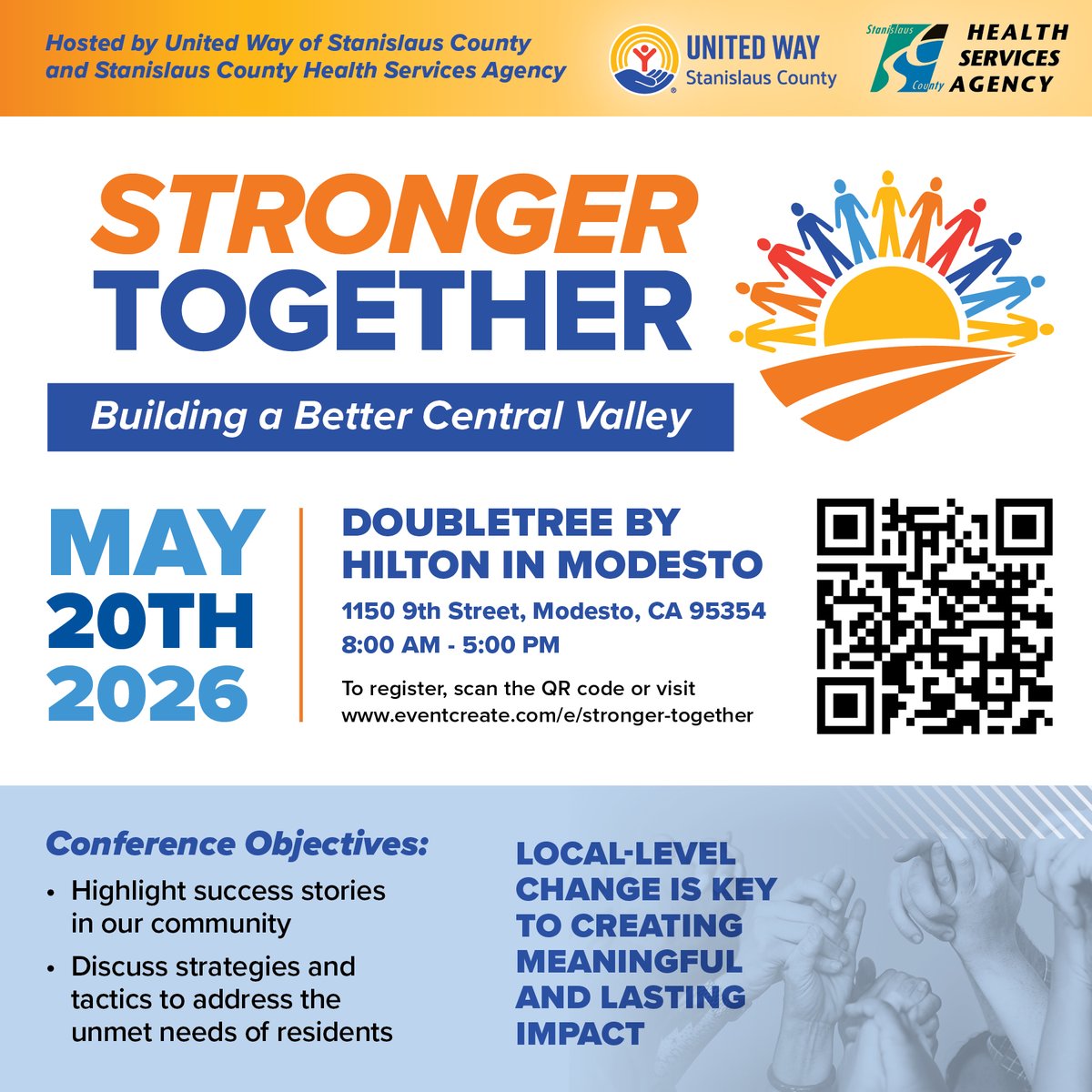 Big challenges require shared responsibility. Stronger Together 2026 is designed to move beyond conversation and into action. We’re bringing together decision-makers and practitioners who want to build stronger partnerships across the Central Valley.
 
Join us May 20 in Modesto: