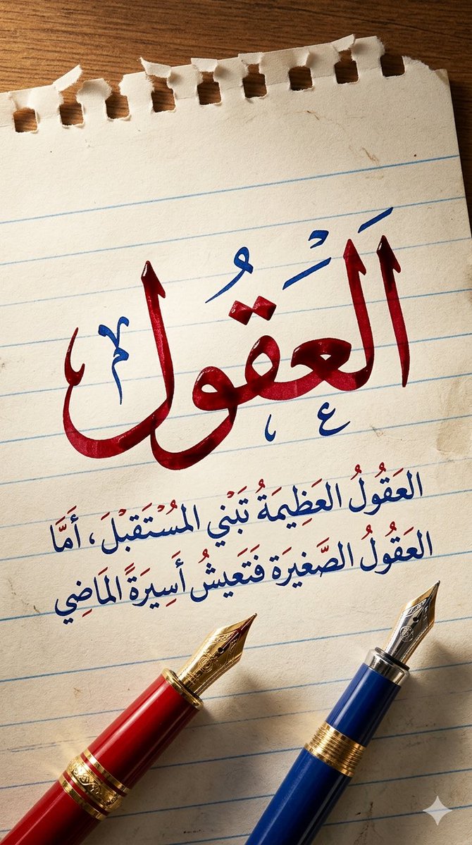 SULTAN__22__'s tweet photo. تستاهلوون البرومبت المميز جداً
أول برومبت يتميز بهذه الصفات ( خط يد طبيعي ١٠٠٪) وبأوامر رهيبة

أتمنى كل التمني أن تشاركوني في أعمالكم في هذا البرومبت .

إنتبه في آخر البرومبت لاتنسى أن تضع أهم كلمة أو كلمتين في الموضوع .. ويفضل أن تكون الأولى ... مرة اخرى اتكنى تشاركوني في أعمالكم
 البرومبت 👇🏼👇🏼👇🏼 وبالتوفيق

""

تصميم فن خط عربي مكتوب بخط يد طبيعي جداً وكأنه مكتوب فعلاً بقلم حبر على ورقة كشكول مدرسية.

النص:
(هنا أكتب الجملة بالكامل)

يقوم النظام بتحليل الجملة واختيار الكلمة الأهم والأقوى في معنى الجملة تلقائياً، ثم يجعلها هي العنصر الرئيسي في التصميم.

تنسيق الكلمة الرئيسية:
• تكون كبيرة جداً في منتصف التصميم
• مكتوبة بخط عربي يدوي طبيعي جداً يشبه كتابة الإنسان
• أسلوب الخط مستوحى من الديواني والثلث
• لون الحبر أحمر عميق لامع
• جميع التشكيل باللون الأزرق
• يظهر تأثير الحبر الحقيقي مع تفاوت سماكة الخط كأنه مكتوب بقلم حبر
• الحروف تبدو بارزة قليلاً فوق الورق مع ظلال ناعمة واقعية

تنسيق بقية الجملة:
• تُكتب تحت الكلمة الرئيسية
• بخط عربي يدوي أصغر حجماً
• لون الخط أزرق داكن
• التشكيل باللون الأحمر
• توزيع متوازن وجميل

الورقة:
• ورقة كشكول مدرسية مسطرة
• خطوط زرقاء واضحة مثل دفاتر المدرسة
• لون الورقة كريمي خفيف
• الورقة تبدو ممزقة للتو من الكشكول مع حافة ممزقة خشنة من الأعلى
• ملمس ورقي واقعي جداً
• تصوير قريب جداً بأسلوب ماكرو
• إضاءة سينمائية دافئة وظلال طبيعية

أسفل الورقة:
يوضع قلمان حبر فاخران وكبيران جداً بشكل جمالي:
• قلم حبر فاخر أحمر
• قلم حبر فاخر أزرق
• تفاصيل معدنية لامعة
• واقعية عالية جداً

الأسلوب الفني:
فن خط عربي واقعي جداً، كتابة بالحبر الحقيقي على ورق، تفاصيل فائقة الدقة، تصوير احترافي، عمق وظلال طبيعية

جودة عالية جداً
واقعية فائقة
تفاصيل دقيقة

النسبة:
9:16

ميز كلمة

"هنا تكتب الكلمة المراد تمييزها"