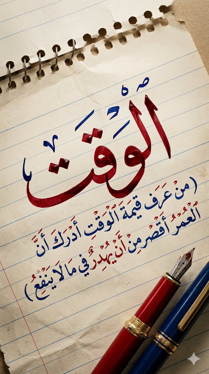 SULTAN__22__'s tweet photo. تستاهلوون البرومبت المميز جداً
أول برومبت يتميز بهذه الصفات ( خط يد طبيعي ١٠٠٪) وبأوامر رهيبة

أتمنى كل التمني أن تشاركوني في أعمالكم في هذا البرومبت .

إنتبه في آخر البرومبت لاتنسى أن تضع أهم كلمة أو كلمتين في الموضوع .. ويفضل أن تكون الأولى ... مرة اخرى اتكنى تشاركوني في أعمالكم
 البرومبت 👇🏼👇🏼👇🏼 وبالتوفيق

""

تصميم فن خط عربي مكتوب بخط يد طبيعي جداً وكأنه مكتوب فعلاً بقلم حبر على ورقة كشكول مدرسية.

النص:
(هنا أكتب الجملة بالكامل)

يقوم النظام بتحليل الجملة واختيار الكلمة الأهم والأقوى في معنى الجملة تلقائياً، ثم يجعلها هي العنصر الرئيسي في التصميم.

تنسيق الكلمة الرئيسية:
• تكون كبيرة جداً في منتصف التصميم
• مكتوبة بخط عربي يدوي طبيعي جداً يشبه كتابة الإنسان
• أسلوب الخط مستوحى من الديواني والثلث
• لون الحبر أحمر عميق لامع
• جميع التشكيل باللون الأزرق
• يظهر تأثير الحبر الحقيقي مع تفاوت سماكة الخط كأنه مكتوب بقلم حبر
• الحروف تبدو بارزة قليلاً فوق الورق مع ظلال ناعمة واقعية

تنسيق بقية الجملة:
• تُكتب تحت الكلمة الرئيسية
• بخط عربي يدوي أصغر حجماً
• لون الخط أزرق داكن
• التشكيل باللون الأحمر
• توزيع متوازن وجميل

الورقة:
• ورقة كشكول مدرسية مسطرة
• خطوط زرقاء واضحة مثل دفاتر المدرسة
• لون الورقة كريمي خفيف
• الورقة تبدو ممزقة للتو من الكشكول مع حافة ممزقة خشنة من الأعلى
• ملمس ورقي واقعي جداً
• تصوير قريب جداً بأسلوب ماكرو
• إضاءة سينمائية دافئة وظلال طبيعية

أسفل الورقة:
يوضع قلمان حبر فاخران وكبيران جداً بشكل جمالي:
• قلم حبر فاخر أحمر
• قلم حبر فاخر أزرق
• تفاصيل معدنية لامعة
• واقعية عالية جداً

الأسلوب الفني:
فن خط عربي واقعي جداً، كتابة بالحبر الحقيقي على ورق، تفاصيل فائقة الدقة، تصوير احترافي، عمق وظلال طبيعية

جودة عالية جداً
واقعية فائقة
تفاصيل دقيقة

النسبة:
9:16

ميز كلمة

"هنا تكتب الكلمة المراد تمييزها"