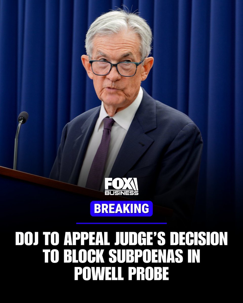 maxesccu's tweet image. SUBPOENA SNUB: The Department of Justice says it will appeal a federal judge's move to block a criminal investigation into Federal Reserve Chair Jerome Powell by freezing subpoenas for key records.

U.S. Attorney Jeanine Pirro is slamming the move, saying the court is taking