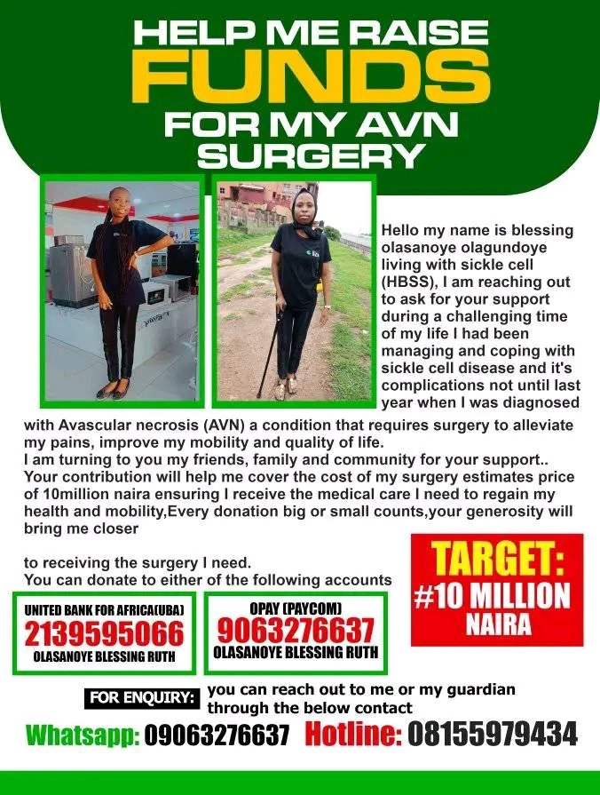 BlessingOlasan1's tweet photo. Good day ma/sir
kindly give me few seconds of your time by reading this 
if you are seeing this definitely God will bless you 
kindly assist me in getting my surgery funds 
been battling this pain which is becoming more unbearable 
please help with funds, sharing of this flier . https://t.co/ZEQhdWZtSQ