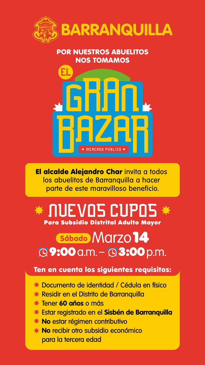 ¡Abrimos nuevos cupos para el Subsidio Distrital del Adulto Mayor!

Contamos con más cupos para que los adultos mayores puedan acceder a este beneficio.

Los esperamos mañana en la toma del Gran Bazar, donde podrán recibir toda la información y conocer la oferta.