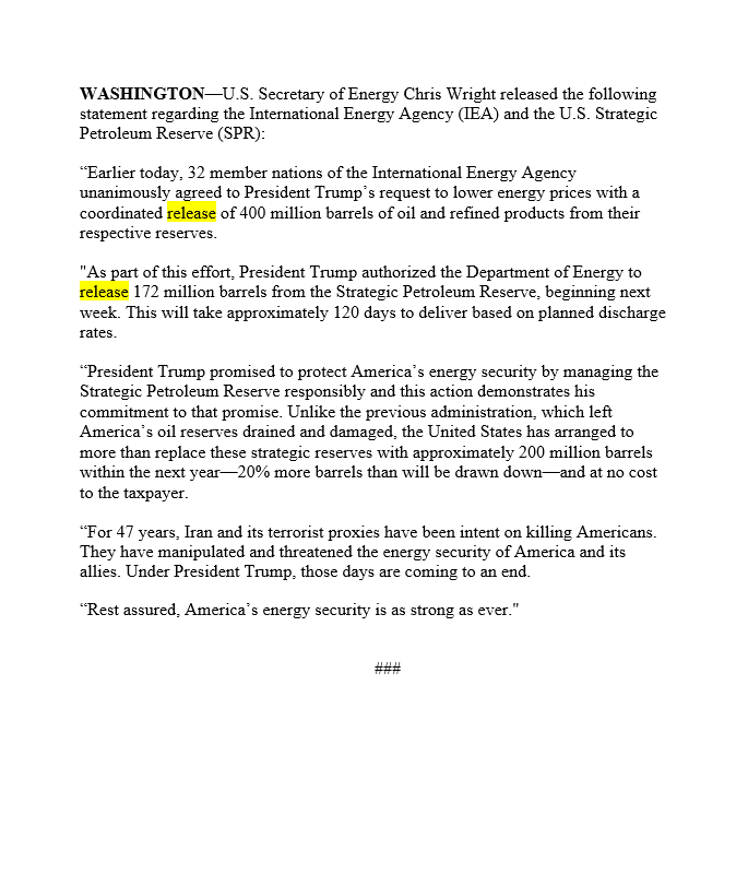 The US gov seems to have changed its mind about the terms of the use of the Strategic Petroleum Reserve: 

Earlier this week, it announced a **SPR release** (an outright sale, and the method used in the emergency actions of 1991, 2005, 2011 and 2022)

But now, the DOE has