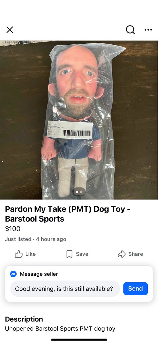 mgarvs's tweet photo. @hen_ease dog toys have invaded my Facebook marketplace. This is a problem @BarstoolBigCat @PFTCommenter https://t.co/fyH0AbLEYA