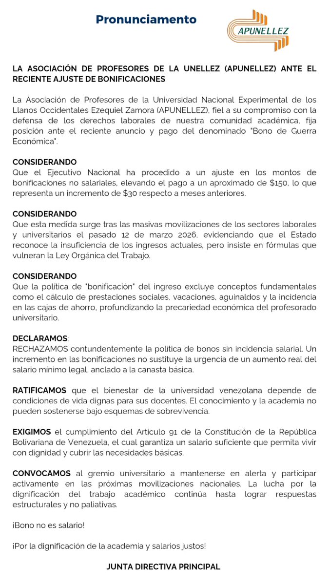 apunellez's tweet photo. 📢 APUNELLEZ fija posición: El ajuste del "Bono de Guerra" a $150 profundiza la precariedad laboral. Al no tener incidencia salarial, se excluyen prestaciones y aguinaldos del profesorado.
Exigimos:
🔹 Cumplimiento del Art. 91 (CRBV).
🔹 Salarios anclados a la canasta básica. https://t.co/36nbFwt9eb