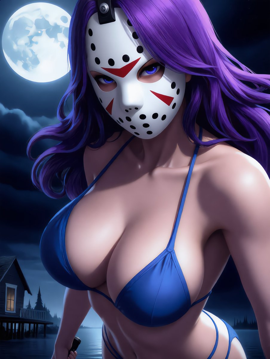 VistamancerX's tweet image. 💜 Happy Friday the 13th, campers 😈
Mama Voorhees didn’t raise no quitter… but she DID raise a bad bitch who looks better in blue than blood. Who’s swimming at Crystal Lake tonight? 🔪 #FridayThe13th #JasonVoorhees #SlayAllDay