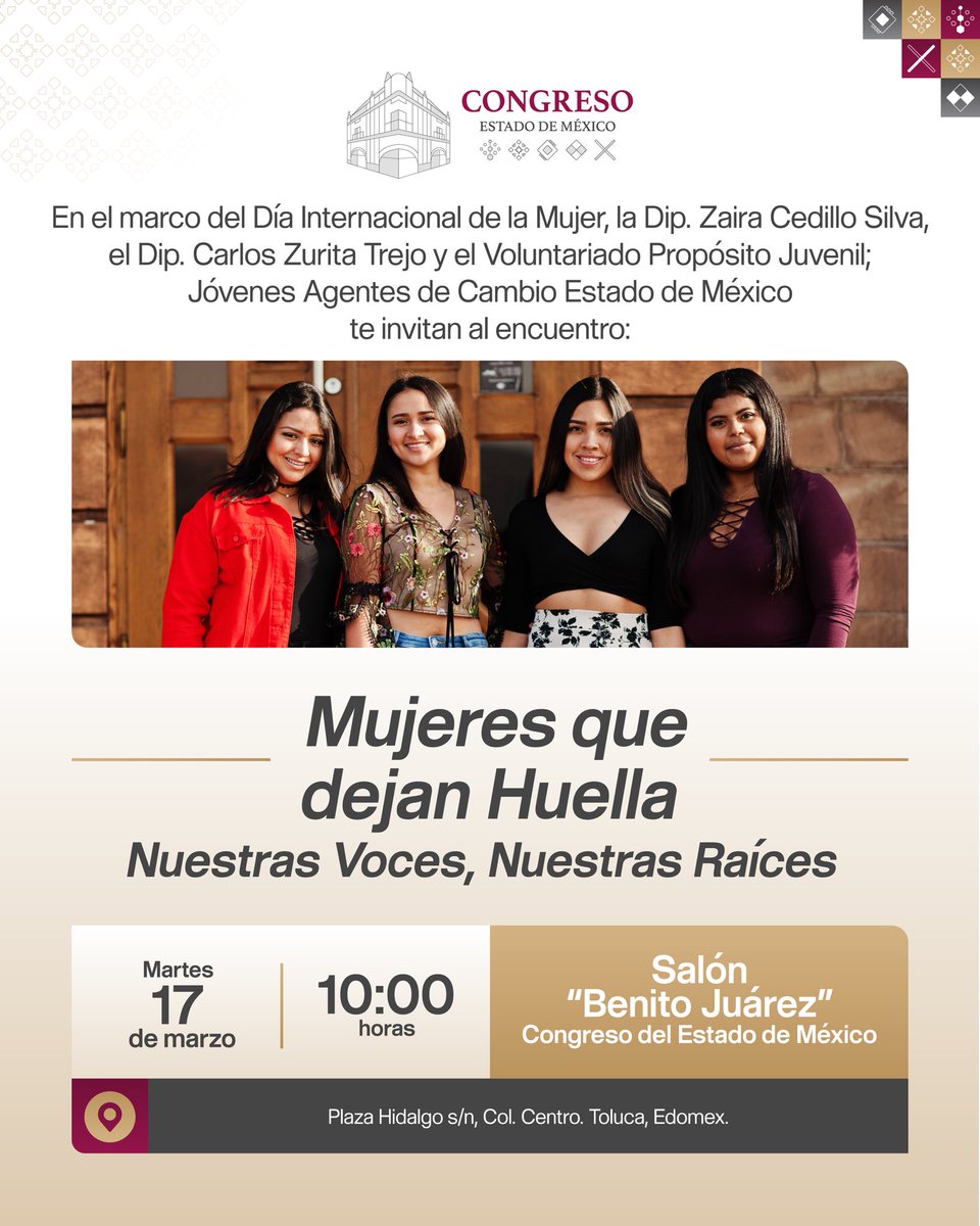 CongresoEdomex's tweet photo. En el marco del #DíaInternacionalDeLaMujer, la Dip. @ZairaCS2 y el Dip. @Carlos_ZuritaMX (GP #morena) convocan a un diálogo para reconocer la voz, la historia y la fuerza de las mujeres que construyen comunidad y transforman su entorno. 💜

🗓 Martes 17 de marzo
⏰ 10:00 h
📍 Salón Benito Juárez, #CongresoEdomex 

#8M #MujeresQueInspiran #Igualdad #MujeresEdoméx #EmpoderamientoFemenino