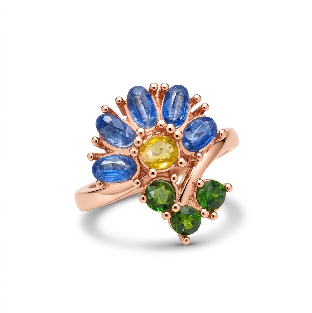 Evgad1's tweet photo. Delicate, blue, unforgettable — our Natural Blue Kyanite forget‑me‑not flower ring. 5 natural kyanite ovals (1.47cts total) with chrome diopside &amp; yellow sapphire accents. Choose your metal. Shop: https://t.co/kmdT2xdfVG #Kyanite #Jewellery #EVGAD #Ring https://t.co/zQqnNswq7I