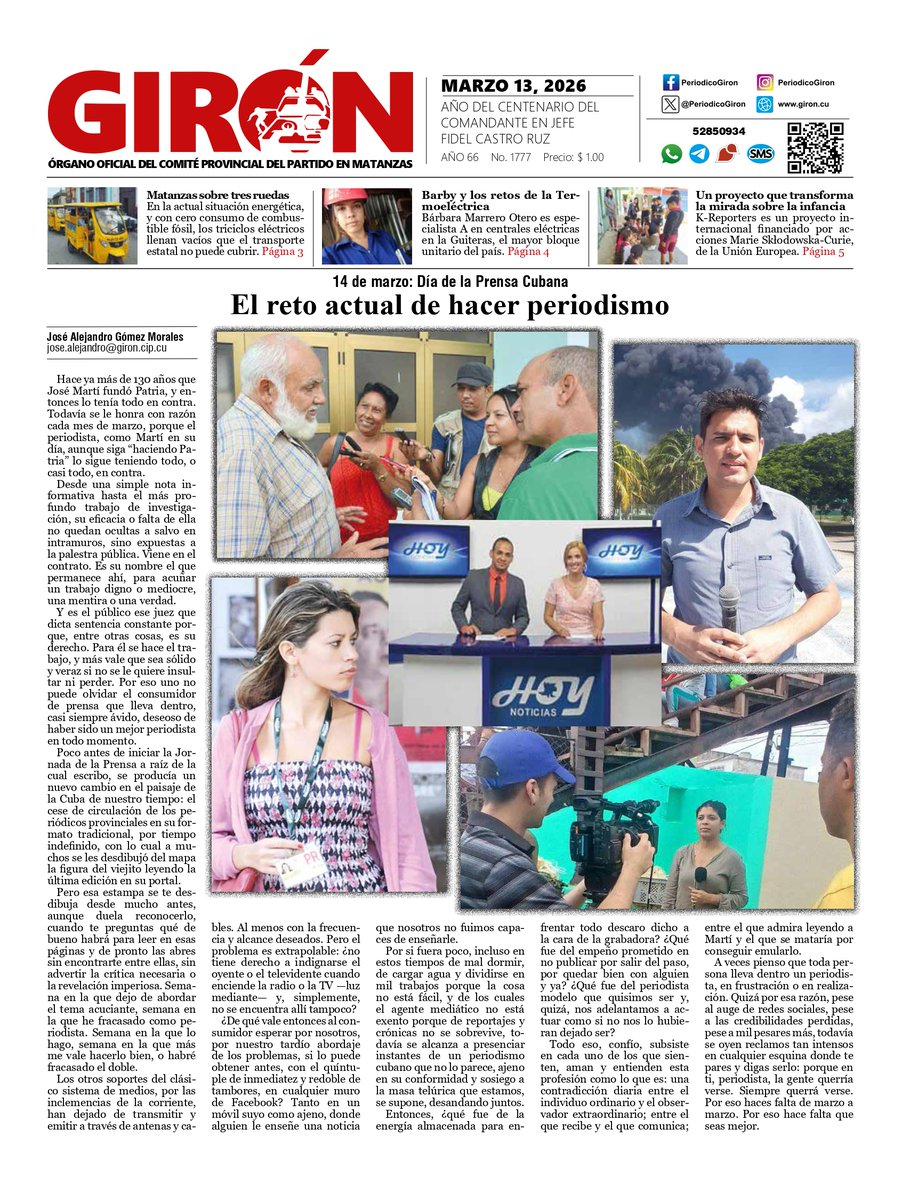 Ya se encuentran disponible en nuestro sitio web la edición impresa del semanario #PeriodicoGiron , de #Matanzas,  correspondiente a este viernes, 13  de marzo de 2026.

Pueden acceder a ella y descargarla en el enlace 👇

🔗 giron.cu/edicion-impres…