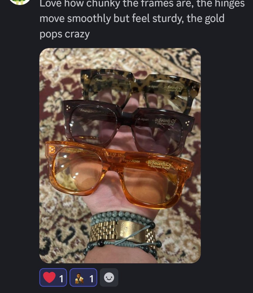 This means so much to me.

I put so much fucking thought into every detail of these frames it's so validating hearing people appreciate the sammle details.

The 6mm acetate so it's not to heavy on your face, 7 barrel hinges for smooth sturdy wear, 14k gold plated hardware for a