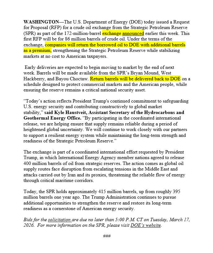 JavierBlas's tweet photo. The US gov seems to have changed its mind about the terms of the use of the Strategic Petroleum Reserve: 

Earlier this week, it announced a **SPR release** (an outright sale, and the method used in the emergency actions of 1991, 2005, 2011 and 2022)

But now, the DOE has published details for something different: a **SPR exchange** (effectively, an oil loan, with the barrels returned later with interest)