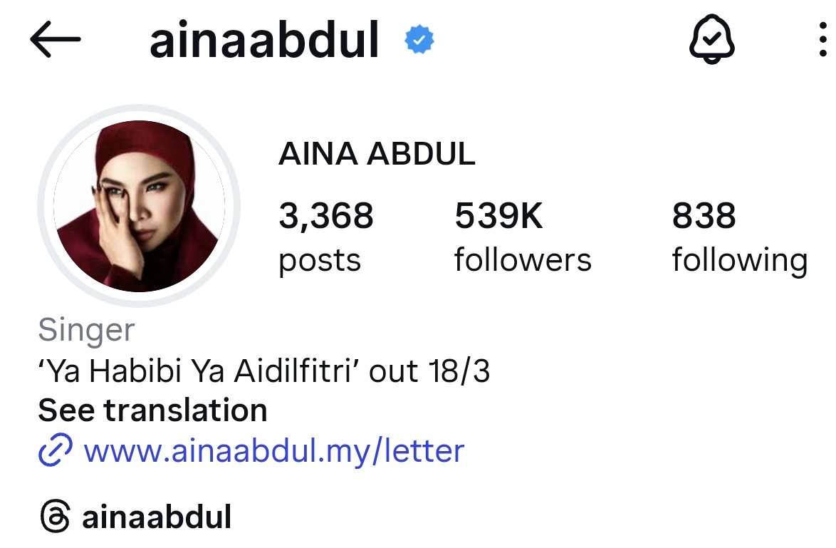🚨MARK YOUR CALENDAR🚨

Aina Abdul is set to release her much anticipated third raya song "Ya Habibi Ya Aidilfitri" on 18 March 2026! 

A little bit too late imho and Datin will be busy packing baju balik raya but will be streaming! 🔥✨