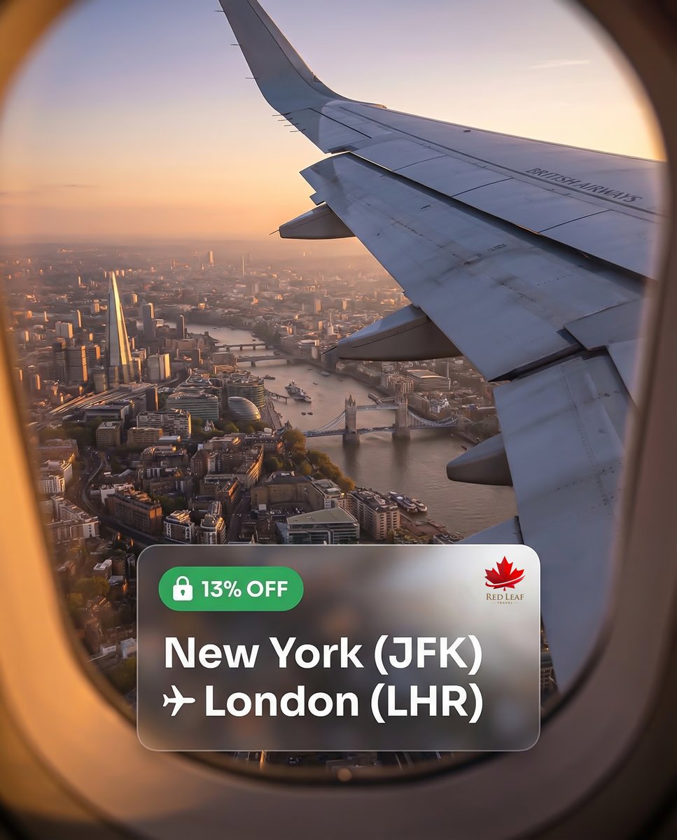 RedLeafTravel's tweet photo. A transatlantic trip just got smarter.
Lock in this JFK → LHR flight deal with 13% savings and start planning your London escape.
Want us to find the best dates and fares for you? DM us.
#RedLeafTravel #FlightDeal #NYCtoLondon #TravelDeals #CheapFlights #LondonTrip https://t.co/OCH4HZAjlU