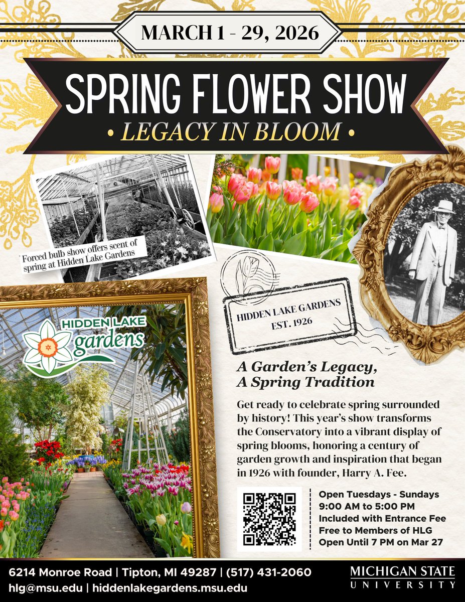 🌷 The Spring Flower Show at Hidden Lake Gardens
is open now through March 29!

🕘 Visit Tuesday–Sunday, 9 AM–5 PM, and enjoy the Conservatory bursting with color and fragrance.

👉 Plan your visit today ipf.msu.edu/hidden-lake-ga…