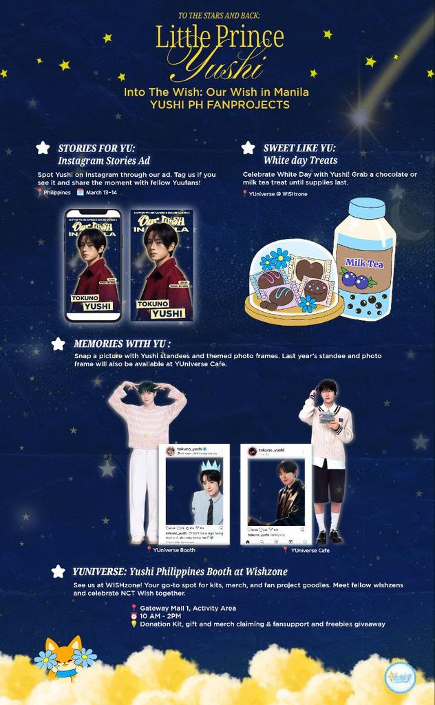 NCTYushiPH's tweet photo. ✩𝐓𝐨 𝐭𝐡𝐞 𝐒𝐭𝐚𝐫𝐬 𝐚𝐧𝐝 𝐁𝐚𝐜𝐤: 𝐋𝐢𝐭𝐭𝐥𝐞 𝐏𝐫𝐢𝐧𝐜𝐞 𝐘𝐮𝐬𝐡𝐢✩
Into The Wish: Our Wish in Manila

꒰ঌ 𝐘𝐮𝐬𝐡𝐢 𝐏𝐇 𝐅𝐚𝐧 𝐏𝐫𝐨𝐣𝐞𝐜𝐭 𝐆𝐮𝐢𝐝𝐞 ໒꒱

It’s D-Day! ✨ Take a look at the lineup of our Yushi PH fan projects below.

You can catch our projects at the Wish Zone and around New Frontier Theater throughout the day. Don’t forget to stop by, take photos, and join the fan activities we’ve prepared for Yushi!

Have fun, Yuufans, and let’s show our love and support for Yushi together! 💙

#NCTWISH #YUSHI
#LittlePrinceYushi
#OURWISHinMANILA