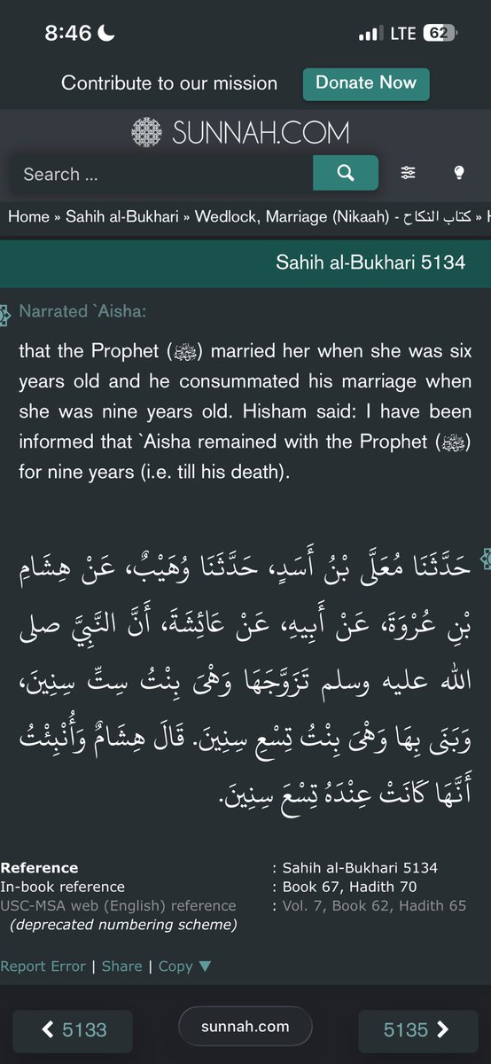 TheAssetPrinter's tweet photo. @trader1sz @ksorbs Not one source from the tiktok scholars there but here’s a Sahih Al-Bukhari Hadith (most authentic source outside of the Quran) anyone can look up to see Mohammed married and had inter*ourse with a 9 year old Aisha https://t.co/9nMV3rGbJ7