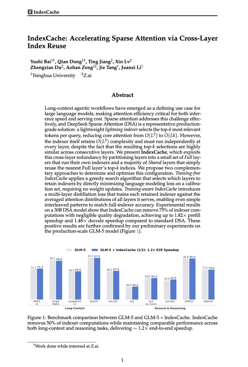 A really cool paper from @Zai_org "IndexCache: Accelerating Sparse ...