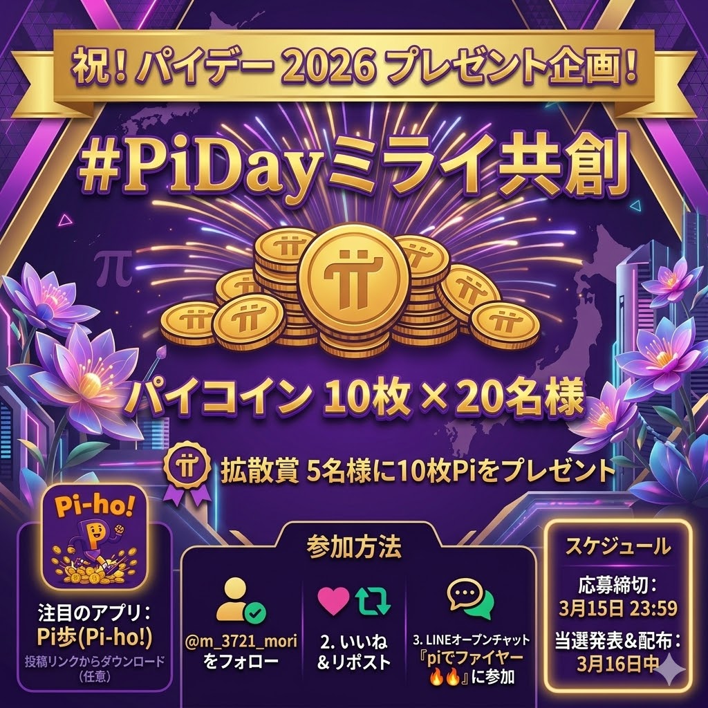 m_3721_mori's tweet photo. 🎉 PiDay2026記念✨プレゼント企画開催！ 🎉
　
#仮想通貨 #BTC #Pi #PiNetwork #PiDay #ステラ #プレゼント企画 #PiDay2026 #Pi_ho #拡散希望 
　
本日は3月14日、PiDayですね！
　
パイオニアの皆さん、おめでとうございます🥧✨
　
今年のPiDay、盛り上げの合言葉は…
「PiDayミライ共創🔥🔥」、「Piと共に未来へ🔥🔥」
　
Kraken上場、そしてProtocol v20.2完了。
幾多の困難を乗り越え、Piは今、かつてないほど輝いています。
このお祭りを、共創の力で最高のものにしましょう🚀
　
頑張る個人やコミュニティが報われる世界。
2026年最初のプレゼント企画、熱狂の渦を巻き起こしましょう🚀

🎁 プレゼント内容 🎁
　
✅ Piコイン10枚を抽選で20名様にプレゼント💰
✅ この投稿を引用リポストで拡散してくれた方の中から、拡散賞として5名様にPiコイン10枚をプレゼント💰　

📍 参加条件 📍
　
1️⃣ 私 (@m_3721_mori) をフォロー
2️⃣ この投稿を いいね ＆ リポスト
3️⃣ 合言葉「PiDayミライ共創🔥🔥」やPiDayの楽しみ方やPiへの熱い思いをコメント！
4️⃣ LINEオープンチャット「piでファイヤー🔥」に参加
👉 https://t.co/V0fYrnZR8S

📅 スケジュール 📅
　
⚠️ 応募締切：3月15日 23:59
🎁 当選発表＆配布：3月16日中

📢 お得なお知らせ
　
Pi Networkをもっと楽しむためのMove to Earnアプリ「Pi歩(Pi-ho!)」のご紹介です。
　　
強制ではありませんが、よろしければ私の紹介リンクから登録・利用してもらえると嬉しいです！
　　
一緒に「パイ歩」しましょう！👇
 　
招待コード：【VEWTILMN】
　　
🍎 iOS (App Store)：
https://t.co/didU5Jdr25
　　　
🤖 Android (Google Play)：
https://t.co/NdYVqC37Re
　
パイオニアの皆さん、この機会にぜひ参加して、PiDayを一緒にお祝いしましょう！
　
#PiNetwork #PiDay #パイコイン #プレゼント企画 #PiDay2026 #Pi_ho