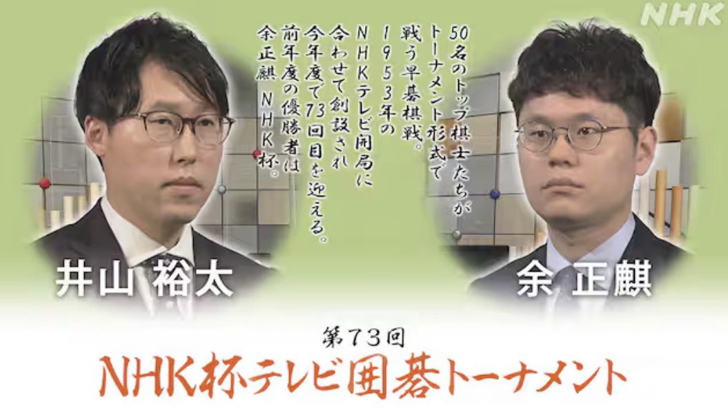 第73回NHK杯テレビ囲碁トーナメント

決勝は

余正麒NHK杯選手権者 vs 井山裕太碁聖です🔥

解説は高尾紳路九段です✨

3月15日（日）お昼12時半〜ぜひご覧ください！