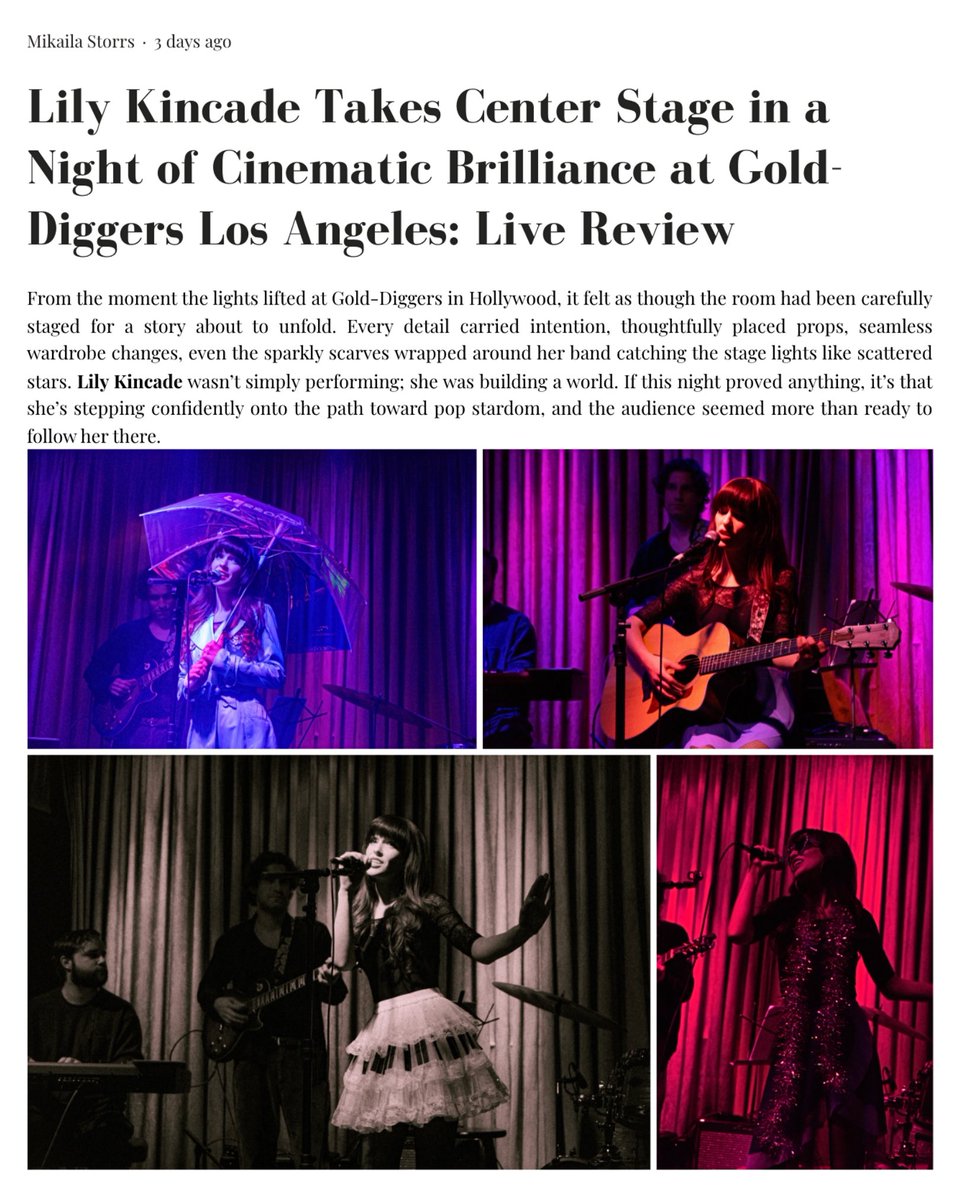 lilykincade's tweet photo. Thank you @allthethingsmag for this stunning live review and for taking readers behind the scenes of our night at Gold-Diggers in Los Angeles. Creating a cinematic world on stage and seeing it reflected back through writing like this means so much!!! Every detail of that show was made with so much intention, and I’m so grateful to everyone who helped make the night so special!!! Full review linked below. Xoxo, Lily ⋆✴︎˚｡⋆ 

Read Here: https://t.co/zeuyYHmfQD