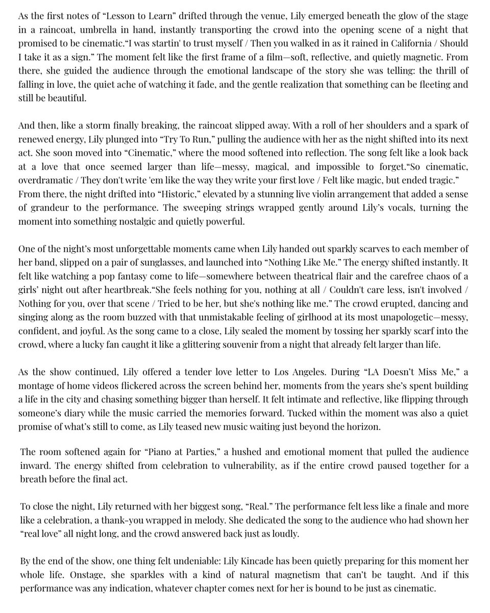 lilykincade's tweet photo. Thank you @allthethingsmag for this stunning live review and for taking readers behind the scenes of our night at Gold-Diggers in Los Angeles. Creating a cinematic world on stage and seeing it reflected back through writing like this means so much!!! Every detail of that show was made with so much intention, and I’m so grateful to everyone who helped make the night so special!!! Full review linked below. Xoxo, Lily ⋆✴︎˚｡⋆ 

Read Here: https://t.co/zeuyYHmfQD
