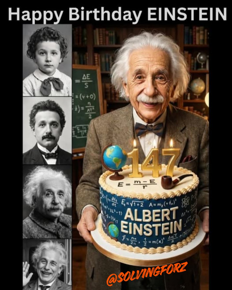SolvingForZ's tweet image. 147TH BIRTHDAY ANNIVERSARY TO ALBERT EINSTEIN WHO BORN ON PI DAY 🌹❤️♥️
Albert Einstein was born on March 14, 1879, in Ulm, Germany. Celebrated annually on this date, his birthday coincides with Pi Day (3/14).
Happy Birthday to the legendary Albert Einstein! 🎉🍰