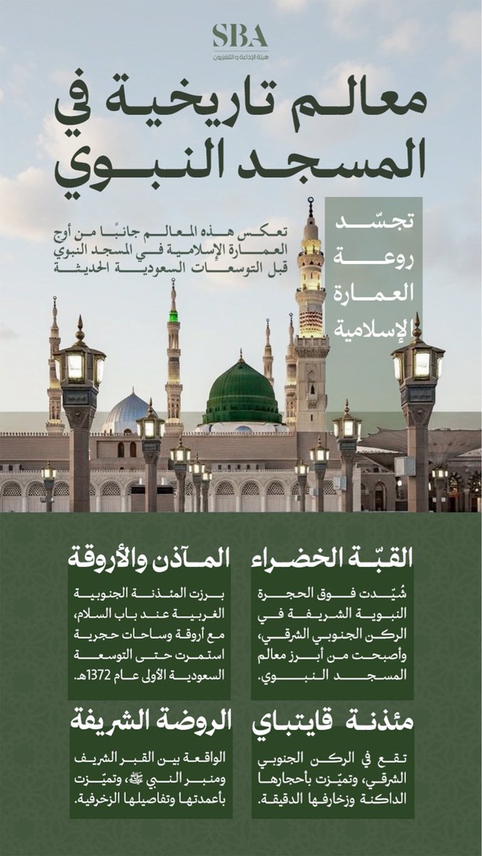 SBAgovSA's tweet photo. معالم تاريخية في المسجد النبوي الشريف؛ تجسّد جمال العمارة الإسلامية وتعكس عناية المسلمين به عبر العصور.

#هيئة_الإذاعة_والتلفزيون https://t.co/g3esgZMh7S
