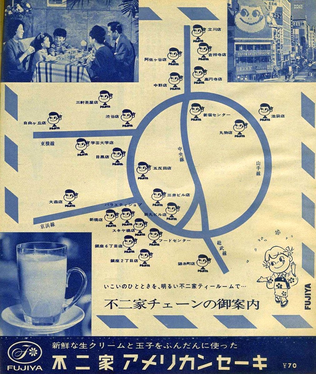 これは昭和38年（1963年）の不二家レストランの広告（東京）。所在地が