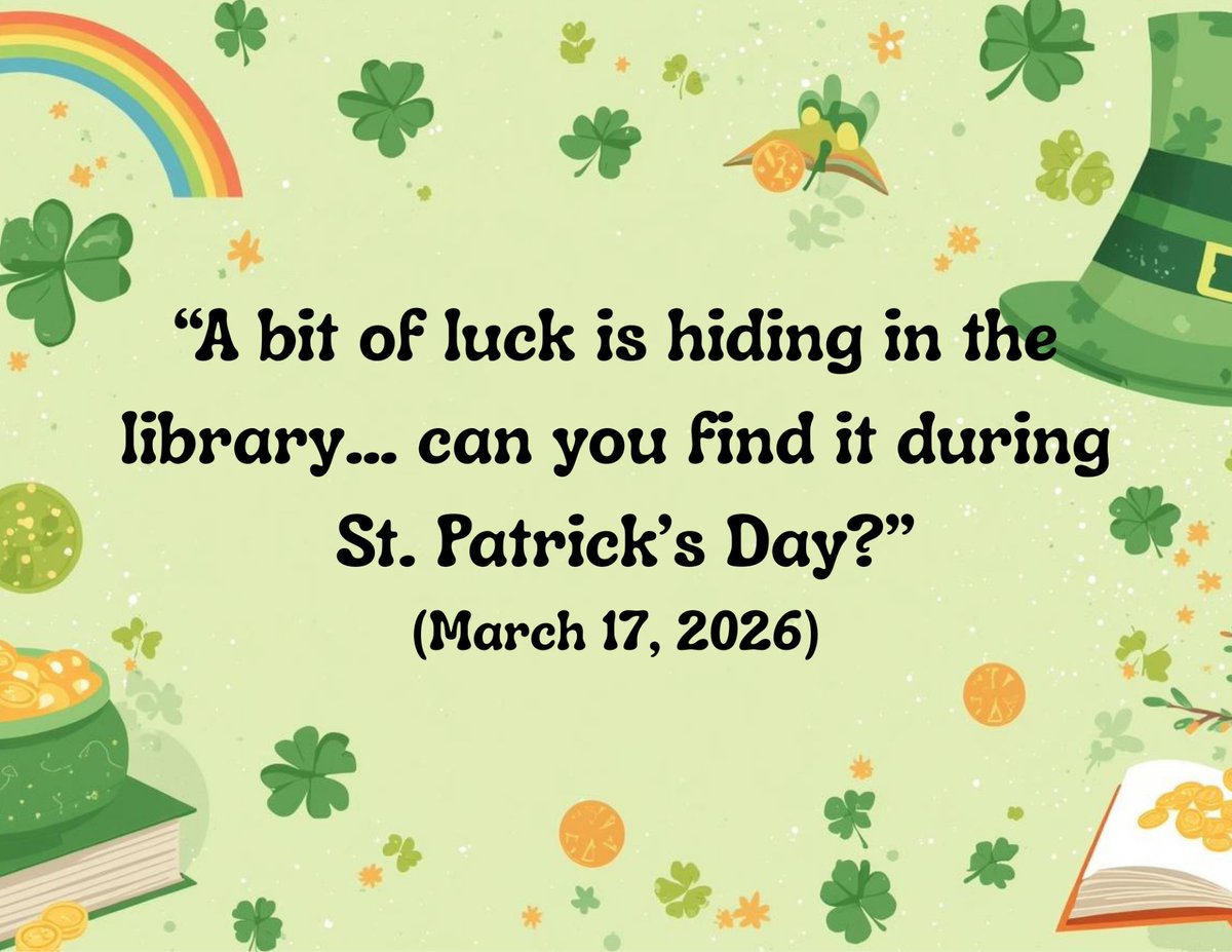 LLBC_Libraries's tweet photo. Join us next Tuesday for St. Patrick's Day Event!
There will be Leprechauns and coins hiding in the library. Find them to exchange for a prize!
Also, if you check out a green book, you can get a prize and enter for a special draw! 

 #LuckyFinds  #StPatricksDay #LibraryEvent https://t.co/pNNhNnJAzK