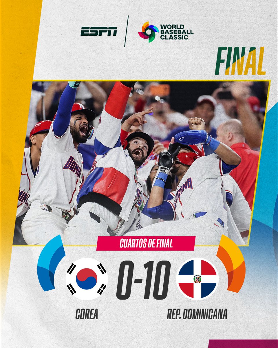 ESPN_DO's tweet photo. 🔥 ¡ESTAMOS EN LA SEMIFINAL!

República Dominicana deja en el terreno por KnockOut a su contraparte de Corea con jonrón de Austin Wells en la baja de la 7ma entrada.

#WBCxESPN https://t.co/Jrp4s1aJOI