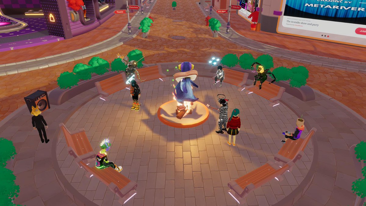 kara_377's tweet photo. Genesis Plaza is always a fever dream. Just a bread penguin keeping warm by the fire with the locals.

#Decentraland #DCL https://t.co/aObBiNrsCV
