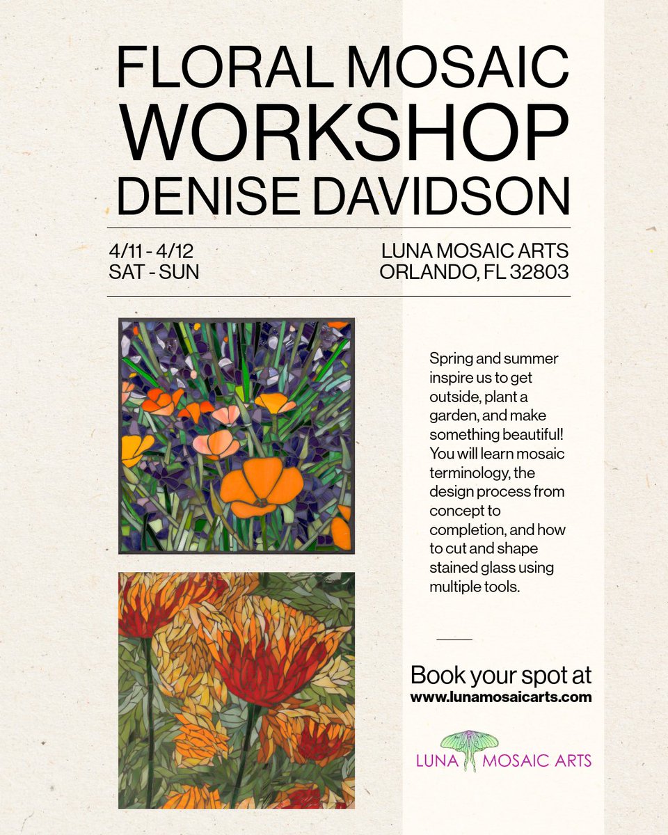 LunaMosaics's tweet photo. We've made a change!!  It's a brand NEW workshop with Denise!!  Create your own floral masterpiece. Reserve your spot today! 🌸 
Click here for more info https://t.co/gzed3k1H1g https://t.co/CDt2pLd6Sb