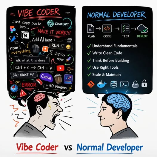 Most people think vibe coding = copy, paste, pray.
That’s the loud version of vibe coding.
Not the real one.
Vibe coding most people imagine:
• Copy prompts
• Paste code
• npm i everything
• Add 50 plugins
• Run it and hope it works
• Spend hours fixing mysterious errors