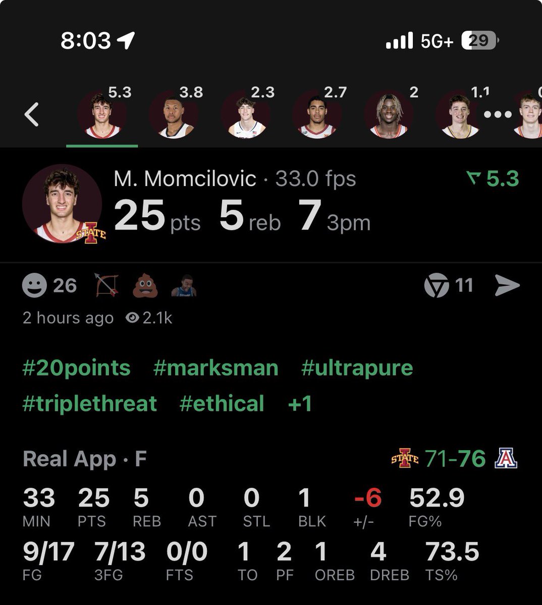 connor_fuxa's tweet image. Iowa state would never lose a game if every possession ended with a Milan Momcilovic 3-pointer

7/13 from 3 is insane, best shooter in the nation no doubt