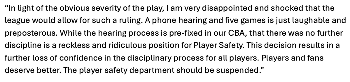 wyshynski's tweet photo. Judd Moldaver, EVP of the(dot)team agency and Auston Matthews’s agent, blasted the NHL’s decision to suspend Radko Gudas for only 5 games in a statement provided to ESPN. 

"This decision results in a further loss of confidence in the disciplinary process for all players." https://t.co/DkQ5WOpslL
