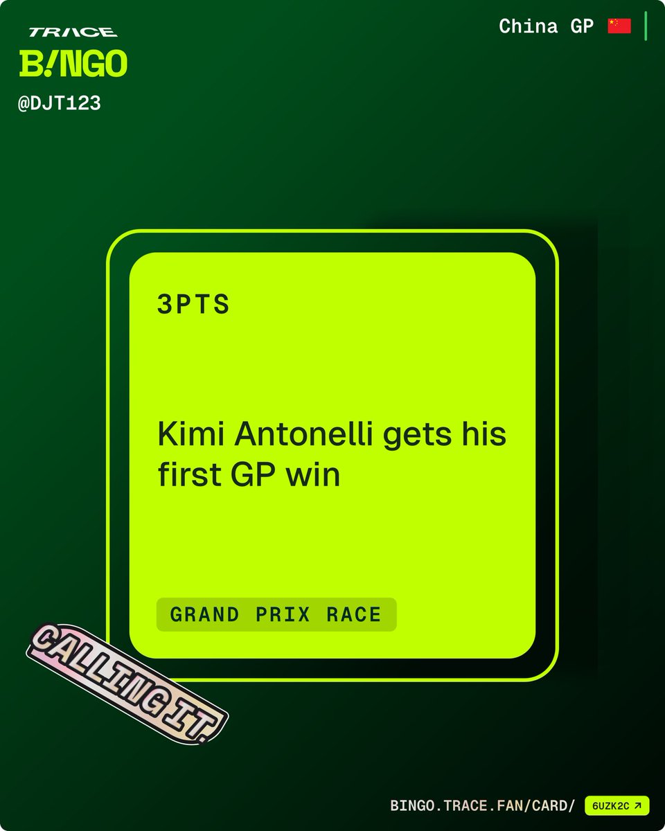 My bold prediction for China GP: Kimi Antonelli gets his first GP win! Think I'm right? bingo.trace.fan/card/6UZK2C