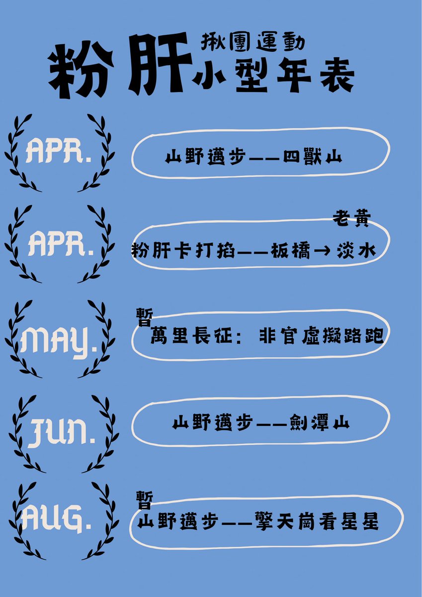 目前舉辦的運動年表大概是這樣+零零散散其他粉肝舉辦的
暫的是還沒確定會不會辦
目前四獸山&amp;卡打掐名額已截止🙌