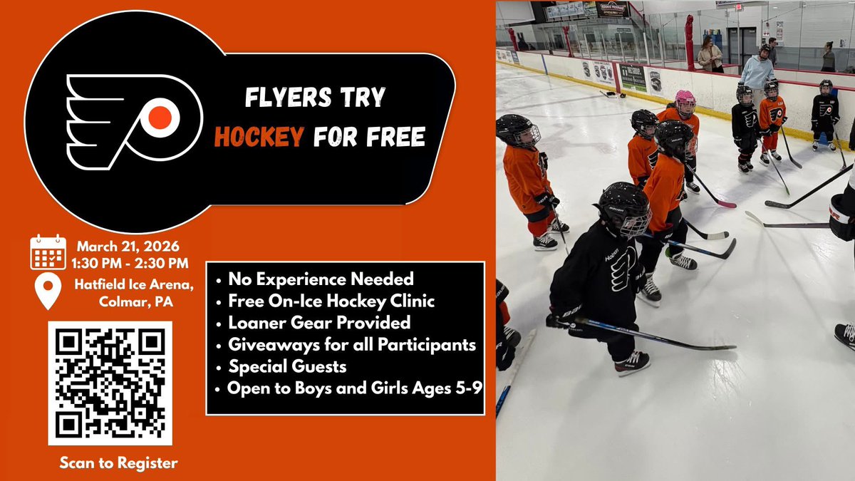 HatfieldIce's tweet photo. Hatfield Ice is running Try Hockey for Free clinic with the @NHLFlyers on Saturday March 21st at 1:30pm!  Click the link below to signup!

https://t.co/gwKKY8jmoJ

@AtlanticDistr 
@USAHNextGen https://t.co/1jPRXEQDlI