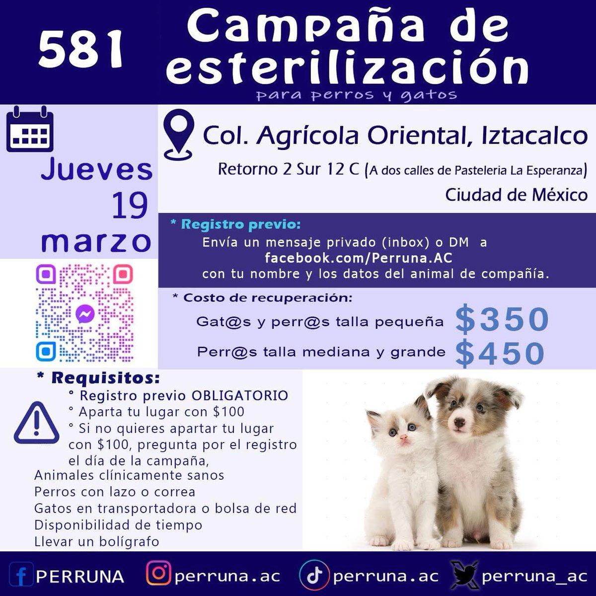 Campaña de esterilización a bajo costo 

IMPORTANTE: Se atenderá ÚNICAMENTE con REGISTRO PREVIO.

#AgricolaOriental #Iztacalco #CDMX 

#esteriliza #vacuna #desparasita