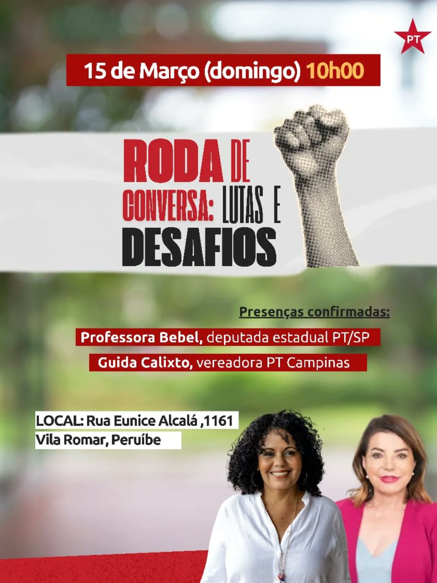 teixeiracds's tweet image. #Acontece: 💬 RODA DE CONVERSA neste domingo

🗓️15 de Março | 10h
🌇 Rua Eunice Alcalá, 1151 - Vila Romar - #Peruíbe

💬 Nossas lutas em SP com:
🎤 Dep. estadual @ProfessoraBebel
🎤Vereadora Guida Calixto @GuidaCalixtoPT 

 #RaçaECoragem #MulheresNegrasNaPolítica 

📸 PT Peruíbe