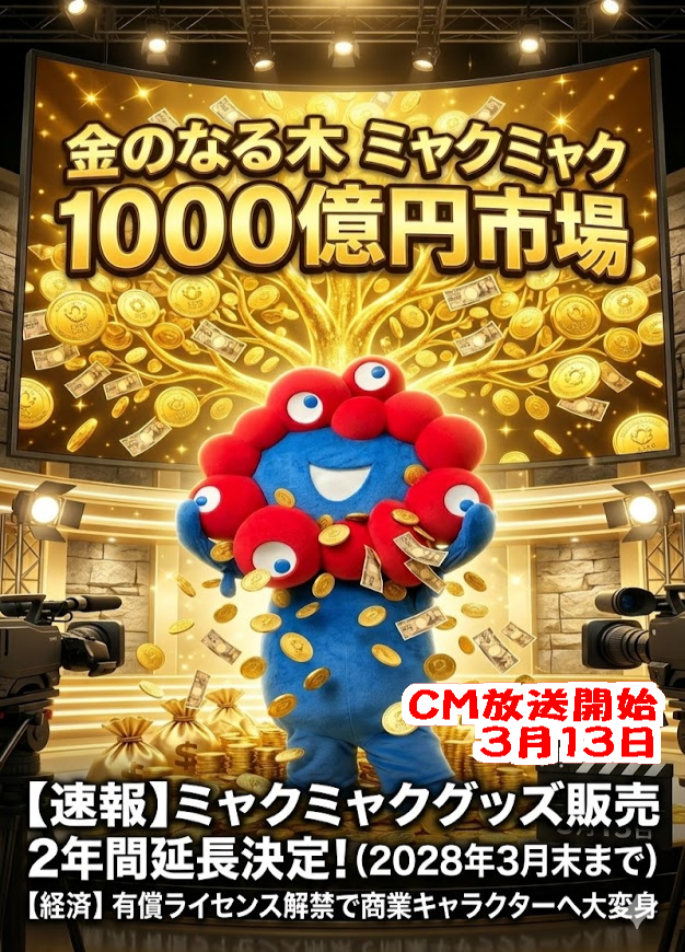 usj1's tweet photo. ミャクミャク、万博協会へ2年間の残留決定。3月13日よりテレビCM放送開始。大阪万博キャラクターから、商業キャラクターへ大変身(USJのツボで記事を書きました) #ミャクミャク #万博

ファンの間で衝撃が走ったのは、ミャクミャクの**「万博協会への残留」**と、それに伴う活動期間の劇的な延長です。
●2028年3月末まで継続： 当初は万博閉幕（2025年10月）やその後の在庫処分期間で終了と見られていましたが、公式グッズの販売期間が2028年3月末まで、丸2年間延長されることが決定しました。
●「公の顔」から「ビジネスの主役」へ： 2026年3月13日からは待望の新CMも放映開始。もはや万博の告知ではなく、ミャクミャクそのものをブランドとした商業展開が本格化しています。

■「金のなる木」の解禁：有償での一般利用が可能に
今回の発表で最もビジネス界を騒がせているのが、キャラクター使用権の門戸開放です。
●出展者以外も使用OK： これまでは万博の出展者や協賛者に限られていたキャラクター利用が、一般の企業や団体にも「有償」で開放される方針が固まりました。
●二次創作も新展開： ミャクミャクから派生した目玉のようなイラスト**「こみゃく」**についても、個人がSNSへ投稿するための二次創作ガイドラインが策定され、ファンの熱量をさらに高める仕組みが整えられています。

■ミャクミャクグッズは「1000億円市場」の巨大利権
不気味かわいいと評されたそのデザインは、今や日本で最も「稼げる」アイコンの一つとなりました。
2025年末時点でライセンス関連売上は1200億円超に達し、当初の予測を大幅に上振れ。
今後、あらゆる日用品やサービスにミャクミャクが登場することで、市場規模はさらに膨らむ見込み。
ミャクミャクは金のなる木で万博協会が解散する2028年まで、ロイヤリティ収入が協会運営の黒字を支え続ける構造に。

■結論：ミャクミャクの快進撃はこれから
「万博が終わったら消えてしまうのでは？」という心配を余所に、ミャクミャクはしたたかに、そしてパワフルに私たちの生活に根を張りました。
3月13日から始まったCM放送は、その侵食（？）の第一歩。2028年までの2年間、私たちは街のあちこちでミャクミャクに出会うことになります。