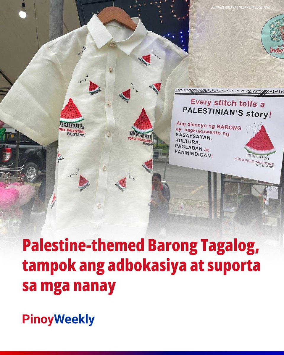 pinoyweekly's tweet photo. Barong Tagalog na may disenyo ng pakwan ang simbolo ng pakikiisa sa Palestine at suporta sa kabuhayan ng mga nanay mananahi sa Quezon.

BASAHIN: https://t.co/hGlwB9mFe2 https://t.co/jwrOZVHpKL