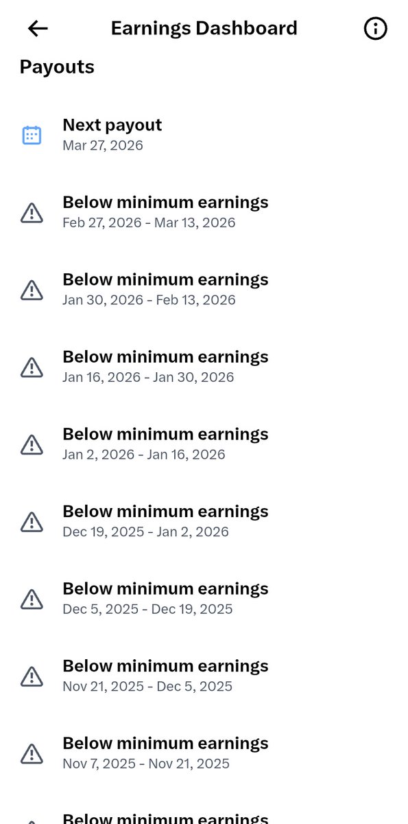 KatyKatyrose592's tweet photo. Need help from creators 👀

I pushed a lot this month but payout still says below minimum.
These are my 2 weeks analytics does this look enough for payout or am I still missing something?
Be honest… I’m trying to understand the system.
#XCreators #CreatorMonetization #Analytics https://t.co/HlRFNPAYT8