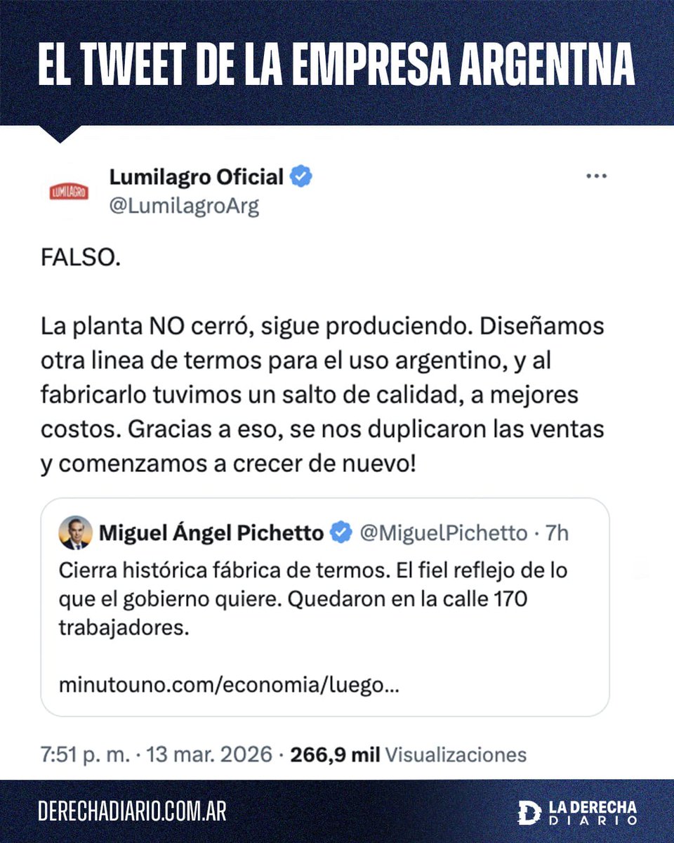 🚨🇦🇷 | "FALSO": Lumilagro dejó pedaleando en el aire al decrépito Miguel Ángel Pichetto y lo desmintió luego de que afirmara que cerró su planta de producción dejando "170 trabajadores en la calle", y dejaron en claro que no solo sigue produciendo, sino que "duplicaron las