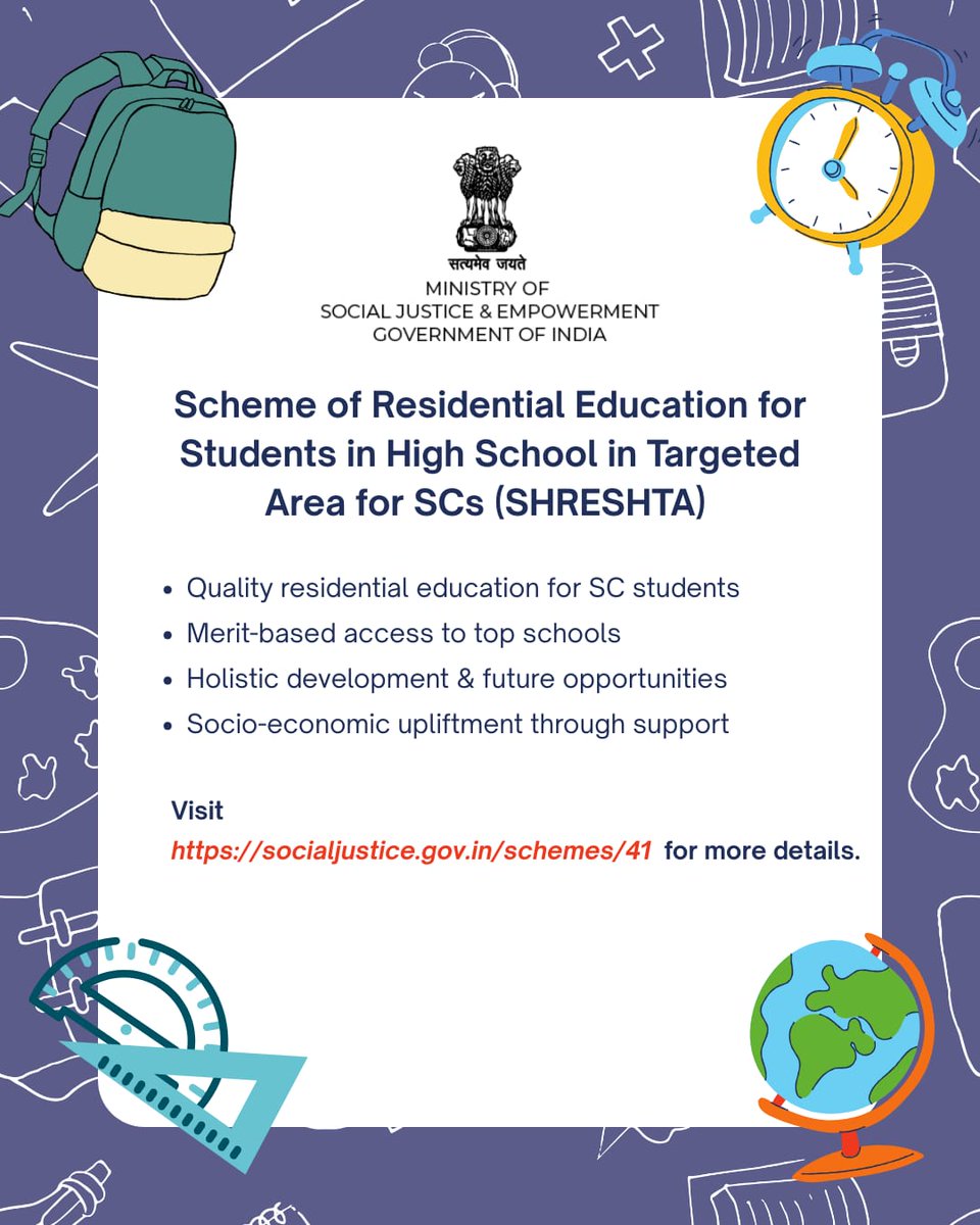 MSJEGOI's tweet photo. SHRESHTA scheme helps SC students get quality residential education in top schools—learn more at https://t.co/X0mfRpMYOX #EducationForAll
@PMOIndia @narendramodi @AmitShah @Drvirendrakum13 @RamdasAthawale @blvermaup @PIB_India @mygovindia @MIB_India @NISD_India @nskfdc @NSFDC_MOSJE @nbcfdc