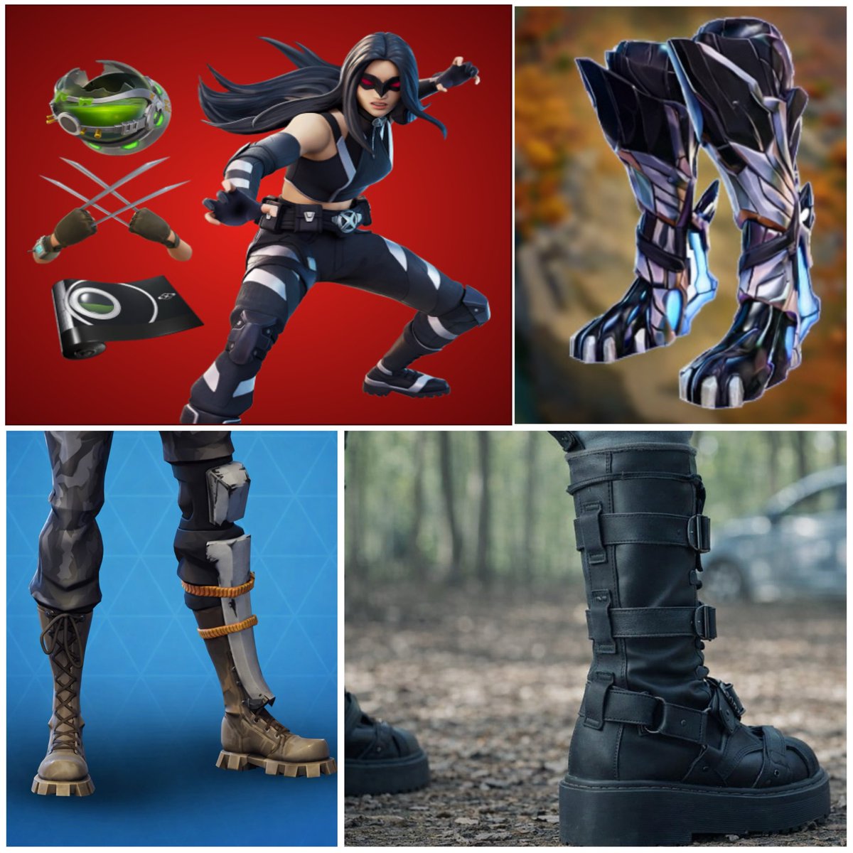 dodginshots's tweet photo. @TimSweeneyEpic here is a character that has one of the coolest boots of all characters X-23.  She needs  (upgrades) &amp; this would certainly sell in the item shop.  Also “sneakers” are cool but we the community need boots long enough to cover up default boots or be able to remove. https://t.co/dzKpEMcMdK