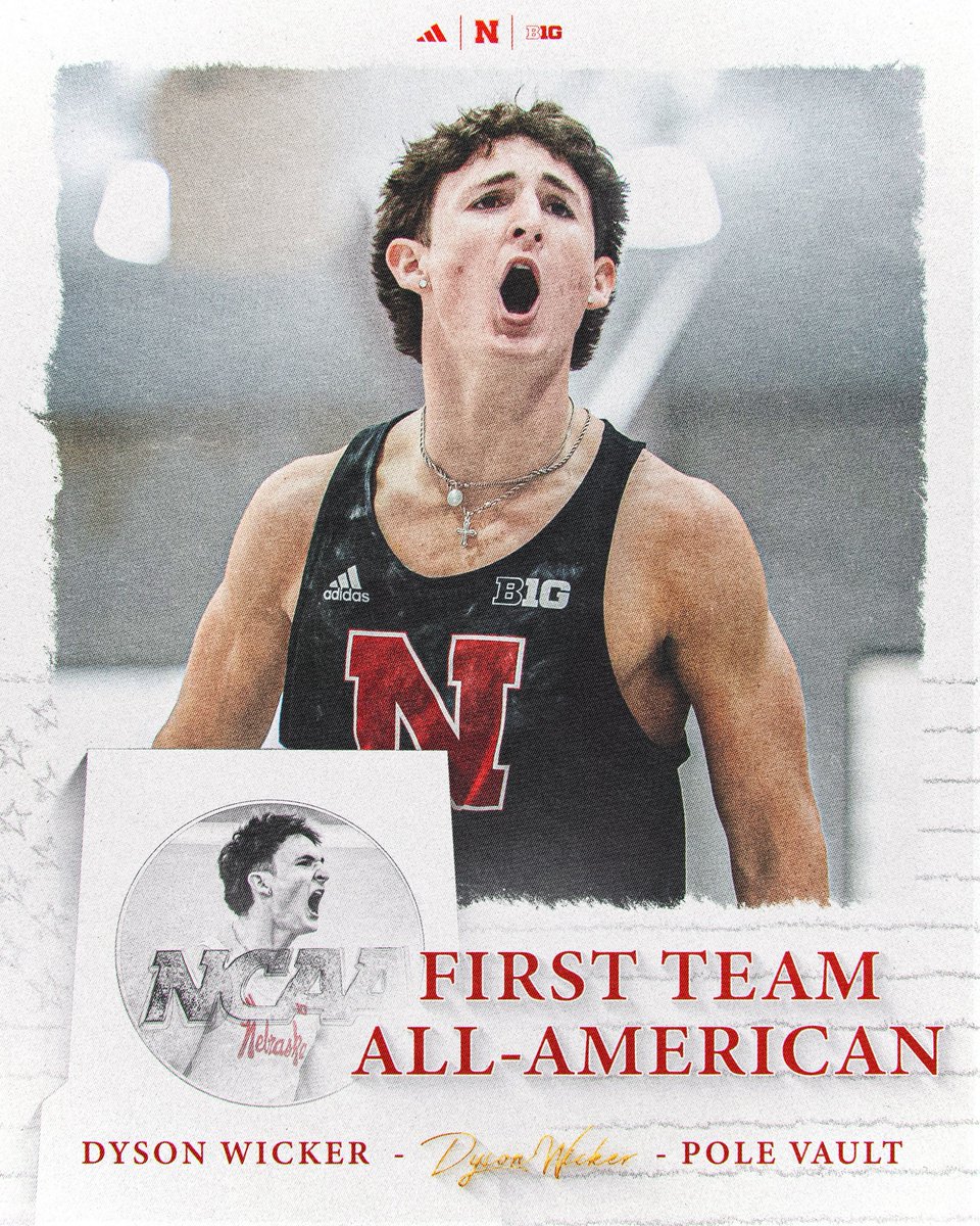 HuskerTFXC's tweet photo. FIRST TEAM ALL-AMERICAN DYSON WICKER. 😤🌽

Wicker becomes our first All-American of this year's NCAA Indoor Championships after clearing 5.70m (18-8 ¼) to place FOURTH in the nation and earn First Team honors! https://t.co/C3oMMhEPUg