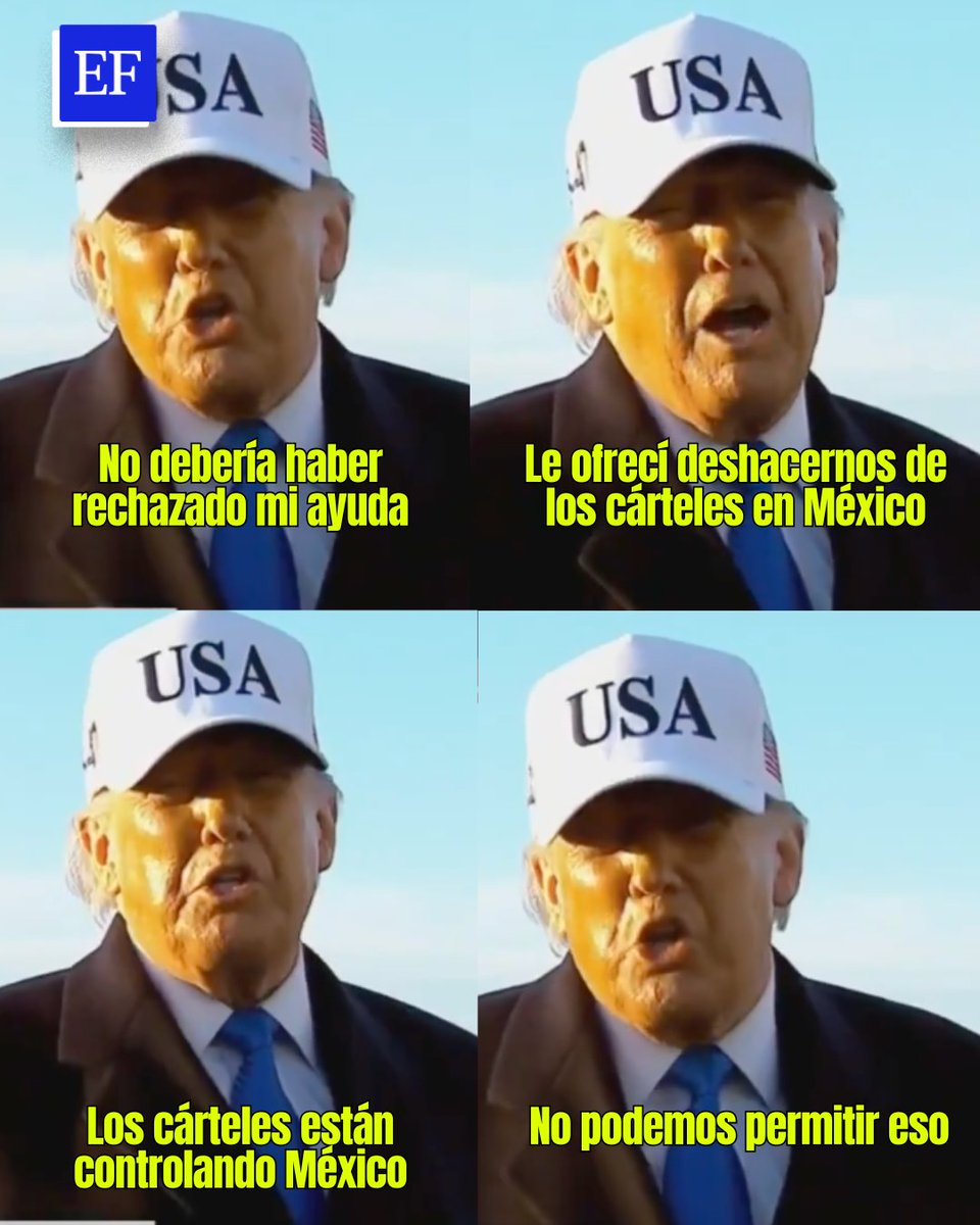ElFinanciero_Mx's tweet photo. 🇲🇽🇺🇸 Trump aseguró que Claudia Sheinbaum rechazó su ayuda para combatir a los cárteles y afirmó que “por alguna razón” no quiere deshacerse de ellos. El mandatario sostuvo que México está “controlado por los cárteles de la droga” y reiteró que no puede permitir esa situación.
El cruce eleva la tensión en la relación bilateral.