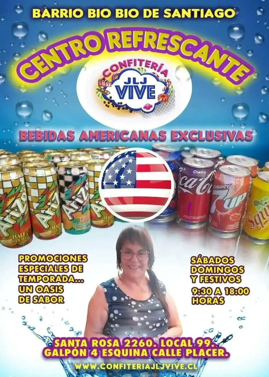 ♦️CONFITERÍA JLJ VIVE ♦️BARRIO BIO BIO DE  SANTIAGO 
♦️SANTA ROSA 2260 LOCALES 98-99
ESQUINA CALLE PLACER
♦️Bebidas nacionales y Americanas. ♦️Jugos,Minerales,Café de grano,Kuchenes, Queques, Confites 
♦️Sábados, Domingos Festivos 
9 a 18 hrs
confiteriajljvive.cl
